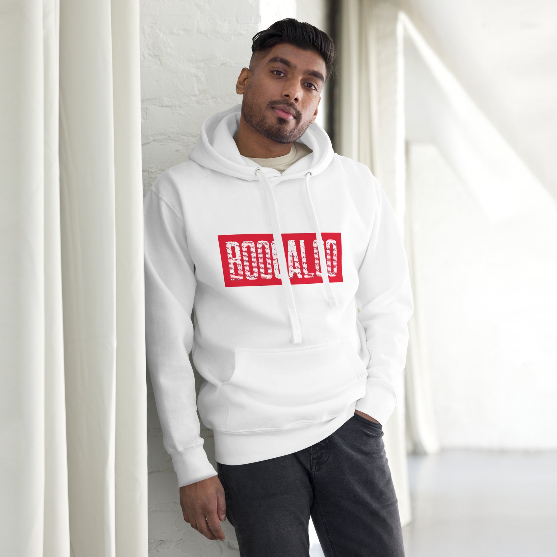 White Rectangular Red Logo Hoodie